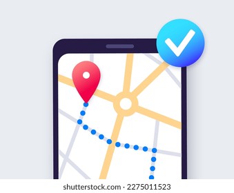 GPS map application for smartphone. Navigation in the city street. Route and destination on phone display. Find location permission. Geoposition red pinpoint, navigator ui element vector illustration
