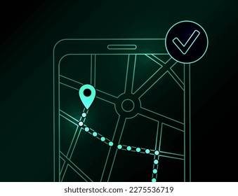 GPS map application for smartphone. Navigation in the city street. Route and destination on phone display. Find location permission. Geoposition point, neon outline ui vector element, dark night mode