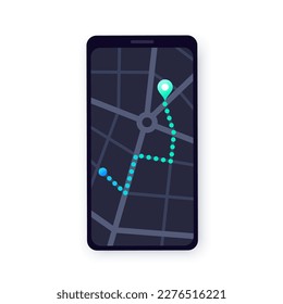 GPS map application for smartphone. Navigation in the city street. Route and destination on phone display. Find location permission. Geoposition red pinpoint, navigator ui element, dark night mode