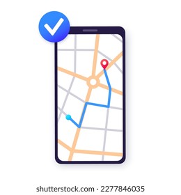 GPS map application for smartphone. Navigation in the city street. Route and destination on phone display. On foot or by car. Geoposition red pinpoint, navigator ui element flat vector illustration.