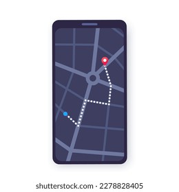 GPS map application for smartphone. Navigation in the city street. Route and destination on phone display. Find location permission. Geoposition red pinpoint, navigator ui element, dark night mode