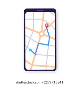 GPS map application for smartphone. Navigation in the city street. Route and destination on phone display. On foot or by car. Geoposition red pinpoint, navigator ui element flat vector illustration.