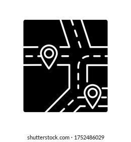 Icono de glifo negro del mapa de GPS. Sistema de posicionamiento global, símbolo de silueta de tecnología de navegación moderna en el espacio blanco. Mapa de distrito local con carreteras y marcadores de ubicación vectores ilustración aislada