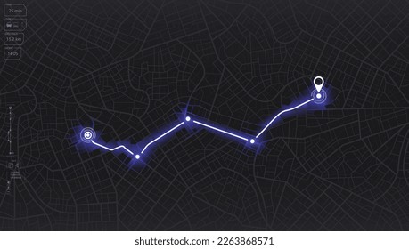 GPS map. City street road. Abstract transportation. City top view. Hi-tech vector background. route distance data, path turns and destination tag or mark