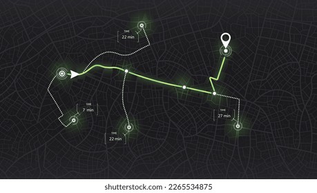 GPS map. City street road. Abstract transportation. City top view. Hi-tech vector background. route distance data, path turns and destination tag or mark