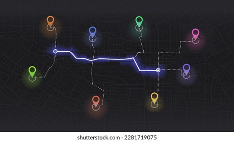 GPS map. City street road. Abstract transportation. City top view. Hi-tech vector background. route distance data, path turns and destination tag or mark