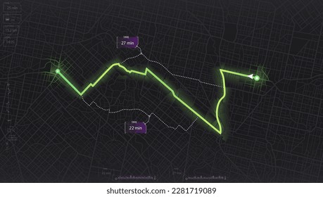 GPS map. City street road. Abstract transportation. City top view. Hi-tech vector background. route distance data, path turns and destination tag or mark