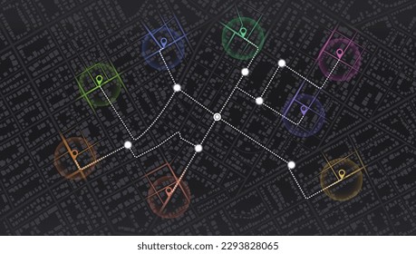 GPS map. City street road. Abstract transportation. City top view. Hi-tech vector background. route distance data, path turns and destination tag or mark. Quarter residential buildings. Vector