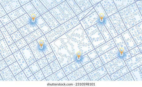 GPS map. City street road. Abstract transportation. City top view. Hi-tech vector background. route distance data, path turns and destination tag or mark. Vector, illustration isolated.