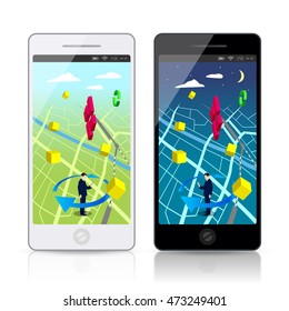 GPS map game, treasure, adventures mobile phone GUI, vector