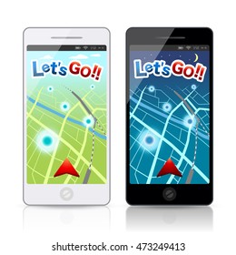 GPS map game, treasure, adventures mobile phone GUI, vector