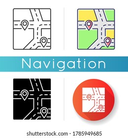 GPS map icon. Global positioning system, modern navigation technology. Linear black and RGB color styles. Local district map with roads and location markers isolated vector illustrations