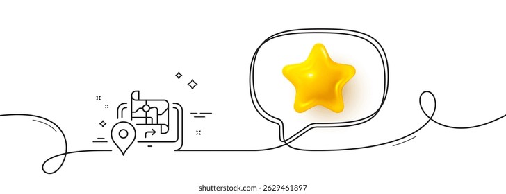 GPS map line icon. Continuous line with 3d star. Road path sign. Journey route device symbol. 3d star in speech bubble. Gps single line ribbon. Loop curve pattern. Vector