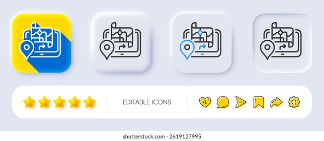 GPS map line icon. Neumorphic, Flat shadow, 3d buttons. Road path sign. Journey route device symbol. Line gps icon. Social media icons. Vector