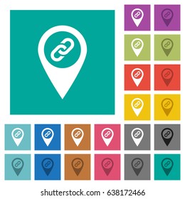 GPS map location attachment multi colored flat icons on plain square backgrounds. Included white and darker icon variations for hover or active effects.