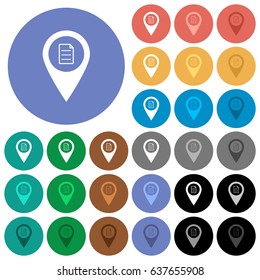 GPS map location details multi colored flat icons on round backgrounds. Included white, light and dark icon variations for hover and active status effects, and bonus shades on black backgounds.