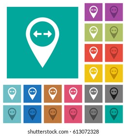 GPS map location distance multi colored flat icons on plain square backgrounds. Included white and darker icon variations for hover or active effects.