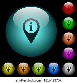 GPS map location information icons in color illuminated spherical glass buttons on black background. Can be used to black or dark templates