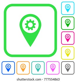 GPS map location settings vivid colored flat icons in curved borders on white background