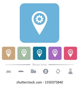 GPS map location settings white flat icons on color rounded square backgrounds. 6 bonus icons included