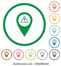 GPS map location warning flat color icons in round outlines on white background