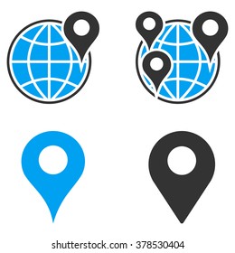 GPS Map Markers vector icons. Style is flat bicolored symbols painted with blue and gray colors on a white background, angles are rounded.