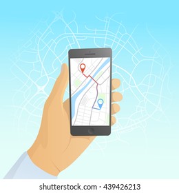 GPS map mobile connecting. Hand with phone on map background. web modern flat design illustration.