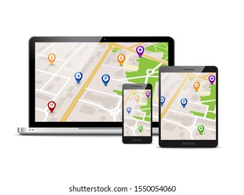 Gps map mobile vector app background illustration device route location concept.