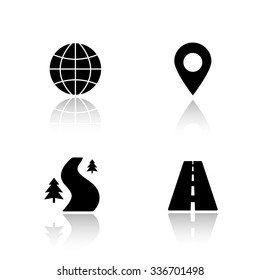 Gps map navigation drop shadow icons set. Highway, off road, global navigation system, pinpoint mark. Mapping and tracking app interface items. Cast shadow logo concepts. Vector black illustrations
