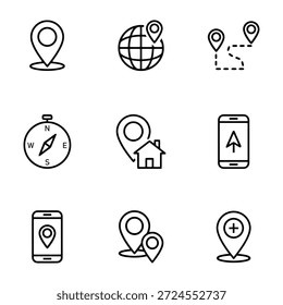 GPS und Kartennavigationslinien-Symbolsatz. Ortungsstift, Globus, Route, Kompass, Privatadresse und Smartphone-Richtungssymbole