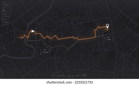 Gps map navigation to own house. View from above the map buildings. Detailed view of city. Tracking car location. City top view. Abstract background. Flat style, Vector, illustration isolated.