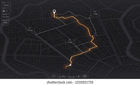 Gps map navigation to own house. View from above the map buildings. Detailed view of city. Tracking car location. City top view. Abstract background. Flat style, Vector, illustration isolated.