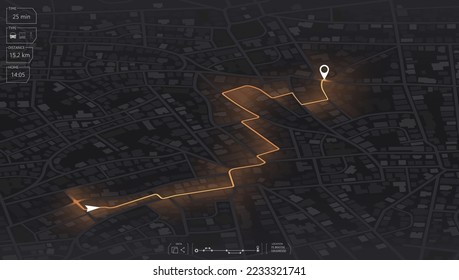 Gps map navigation to own house. View from above the map buildings. Detailed view of city. Tracking car location. City top view. Abstract background. Flat style, Vector, illustration isolated.