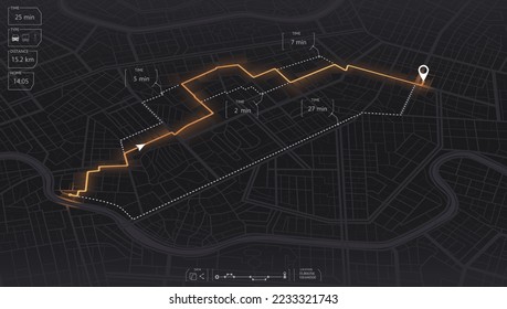 Gps mapea la navegación a casa propia. Vista desde arriba de los edificios del mapa. Vista detallada de la ciudad. Localización del coche de seguimiento. Vista superior de la ciudad. Antecedentes abstractos. Estilo plano, vector, ilustración aislada.