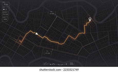 Gps map navigation to own house. View from above the map buildings. Detailed view of city. Tracking car location. City top view. Abstract background. Flat style, Vector, illustration isolated.