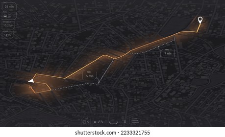 Gps map navigation to own house. View from above the map buildings. Detailed view of city. Tracking car location. City top view. Abstract background. Flat style, Vector, illustration isolated.