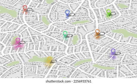 Gps map navigation to own house. City top view. View from above the map buildings. Detailed view of city. Decorative graphic tourist map. Abstract transportation background. Vector, illustration.