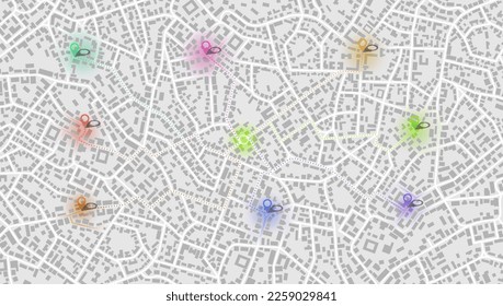 Gps map navigation to own house. City top view. View from above the map buildings. Detailed view of city. Decorative graphic tourist map. Abstract transportation background. Vector, illustration.