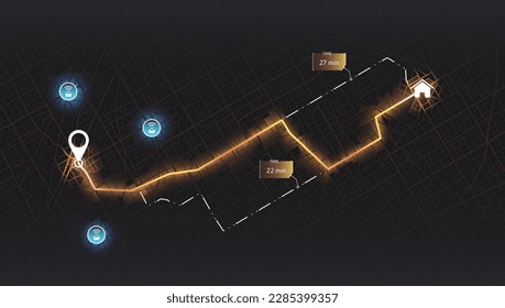 Gps mapea la navegación a casa propia con aplicación para smartphone. Marca de ubicación y signo de automóvil. Distribución de la ubicación del pasajero para el conductor. Supervisión remota de datos de vehículos aislados conectados. Auto autónomo en línea.