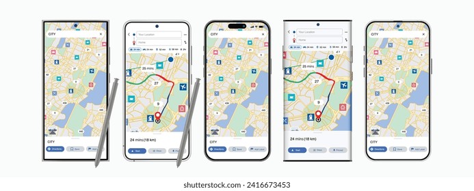 Navegación de mapas de GPS, aplicación de navegación de mapas de teléfonos inteligentes y pin rojo y punto fijo en pantalla móvil. Hoja de ruta tecnológica, mapas de navegación de la ciudad, calle de la ciudad, rastreo y ubicación, Vector