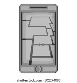 GPS map on phone icon. Gray monochrome illustration of GPS map on phone vector icon for web