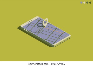 GPS map on phone screen. Isometric mobile phone with map and route. Navigation app. Modern phone with navigator application. Trendy isometric vector illustration.