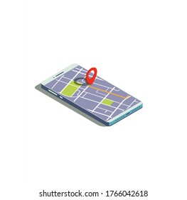 Mapa GPS en la pantalla del teléfono. Teléfono móvil isométrico con mapa y ruta. Aplicación de navegación. Teléfono moderno con aplicación de navegador. Ilustración vectorial isométrica de moda.