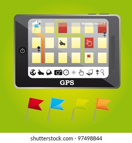 gps with map and pennants website over green background. vector