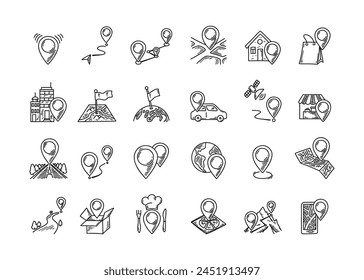 GPS map pin doodle icons set. Hand drawn travel destinations signs and pictograms. Sketch location points.