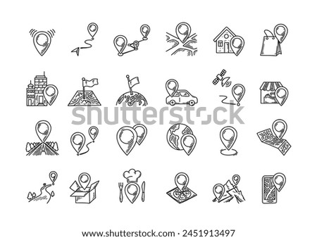 GPS map pin doodle icons set. Hand drawn travel destinations signs and pictograms. Sketch location points.