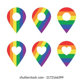 Gps map pin icon set with rainbow colors. For tagging  locations of lgbt pride events on the map. Transparent background.