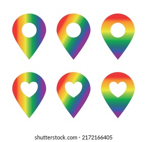 Gps map pin icon set with gradient rainbow colors. For tagging  locations of lgbt pride events on the map. Transparent background.