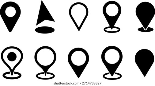 Conjunto de iconos de pin de mapa GPS. Ilustración vectorial negra del puntero de la Locación de navegación.