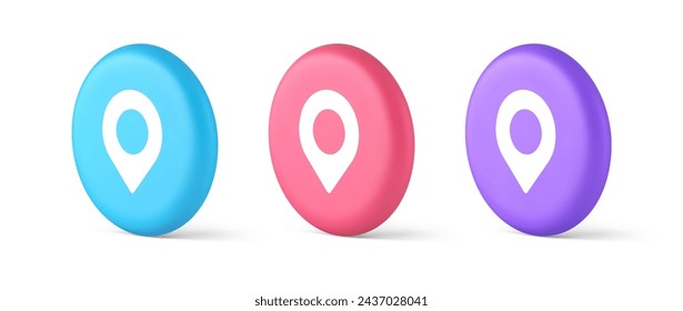 GPS mapa pin servicio de ubicación botón de dirección de la aplicación puntero de distancia 3d realista azul rosa y púrpura iconos. Interfaz de usuario de aplicación cartográfica del sistema de posicionamiento global